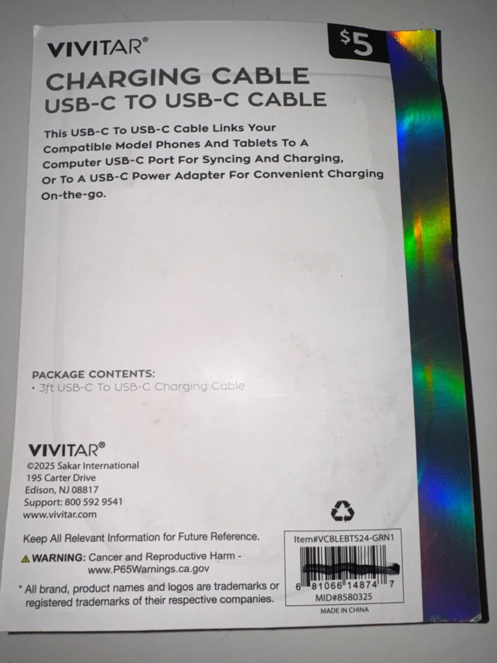 Vivitar Turquoise USB-C to USB-C Beaded Charging Cable